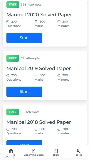 free online question papers with answers for Manipal 2020 to 2013